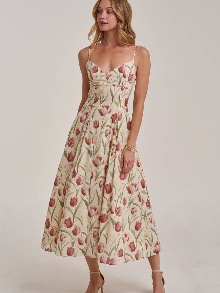 BON Romantic Tulip Print Midi Dress with Adjustable Strap