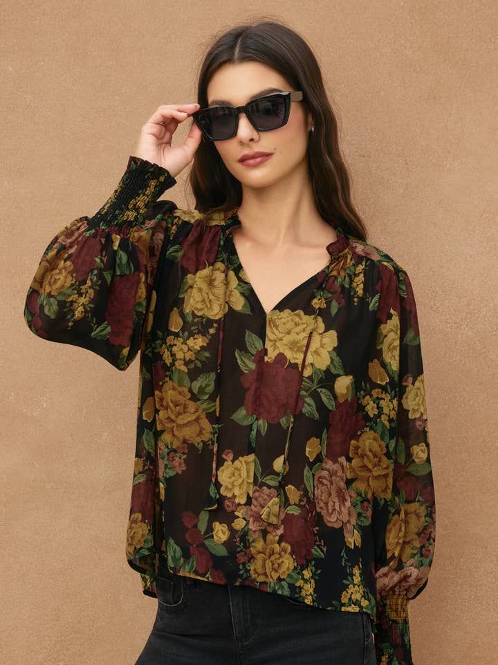 Dress Forum Twilight Bloom Ruffled Neck Top - Nightfall Rose