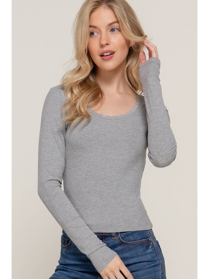 Active Basic Long Sleeve Scoop Neck with Lace Trim Rib Knit Top