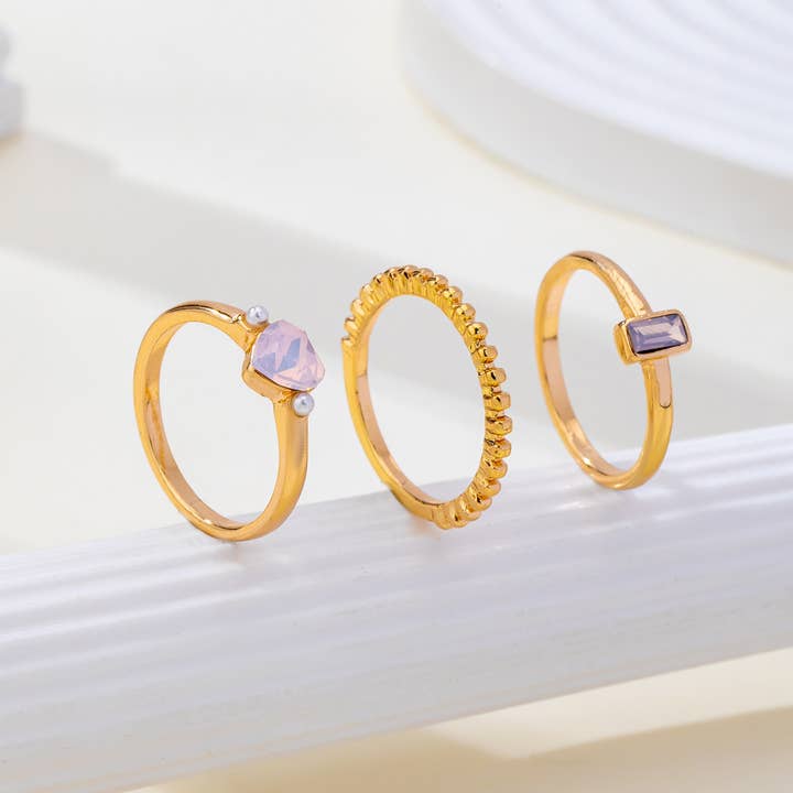 JOSSLYN by Wall to Wall Milky Pink Opal Baguette Heart 3-Piece Ring Set | 80R300 by JOSSLYN by Wall to Wall
