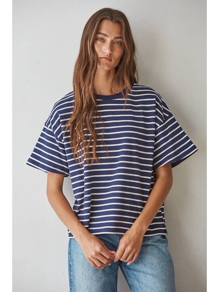 By Together Knit Cotton Striped Short Sleeve Crew Neck Top