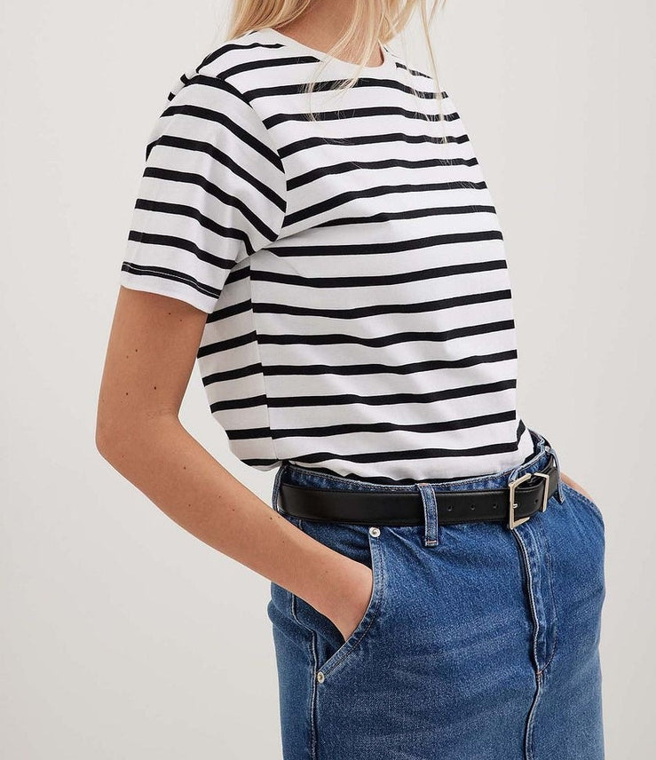 Dipped Shop Round Neck Striped Loose Short Sleeves Top