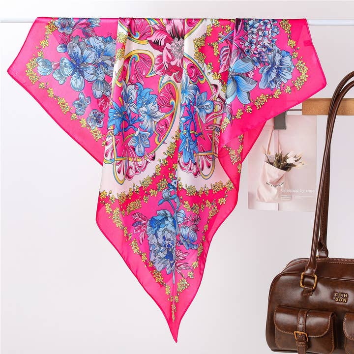 JOSSLYN by Wall to Wall Vibrant Pink Floral Silk-Feel Scarf