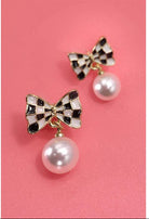 JOSSLYN by Wall to Wall Checker Bow Pearl Drop Earrings