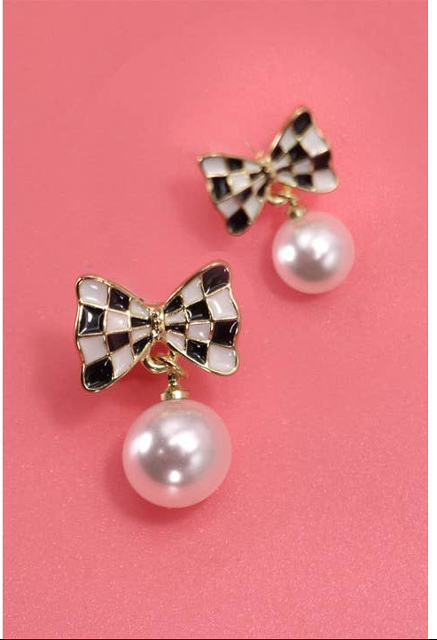 JOSSLYN by Wall to Wall Checker Bow Pearl Drop Earrings