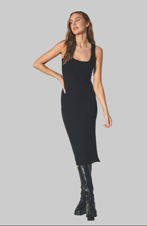 Dress Forum Ribbed Knit Square Neck Bodycon Midi Dress - Black