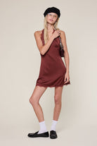 Golden Erixa Satin Halter Tie Neck Open Back Plain Mini Dress - Plum