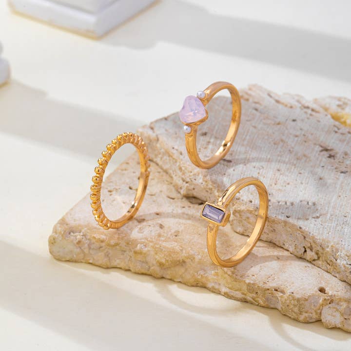 JOSSLYN by Wall to Wall Milky Pink Opal Baguette Heart 3-Piece Ring Set | 80R300 by JOSSLYN by Wall to Wall