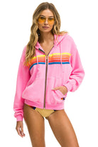 Aviator Nation 5 Stripe Relaxed Zip Hoodie Neon Pink Neon Rainbow