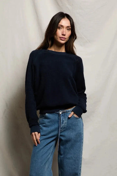 perfectwhitetee Ziggy Inside Out Fleece Long Sleeve Crewneck Sweatshirt Navy