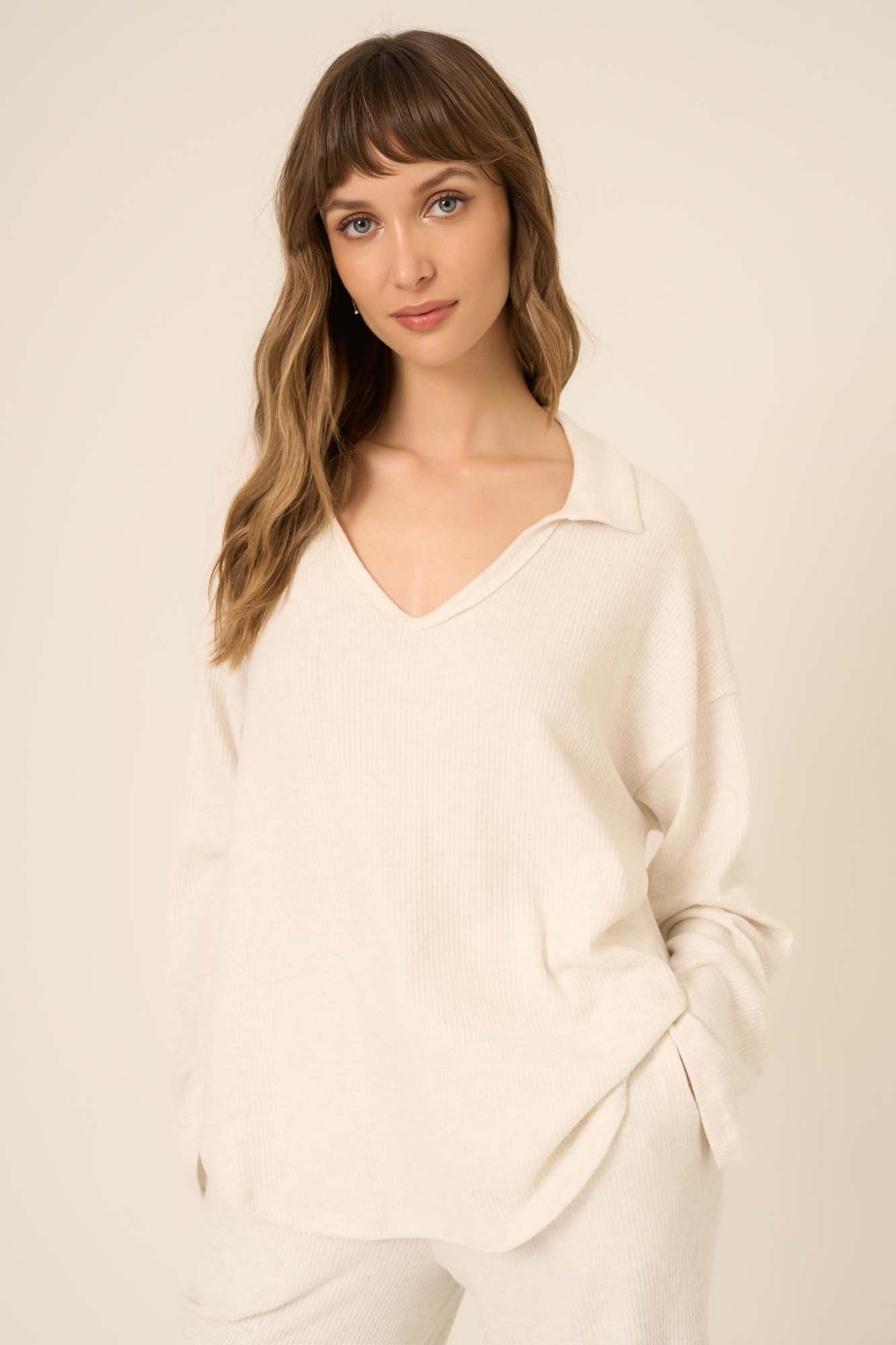 PROJECT SOCIAL T Zoey Brushed Rib Collared LS Oatmeal