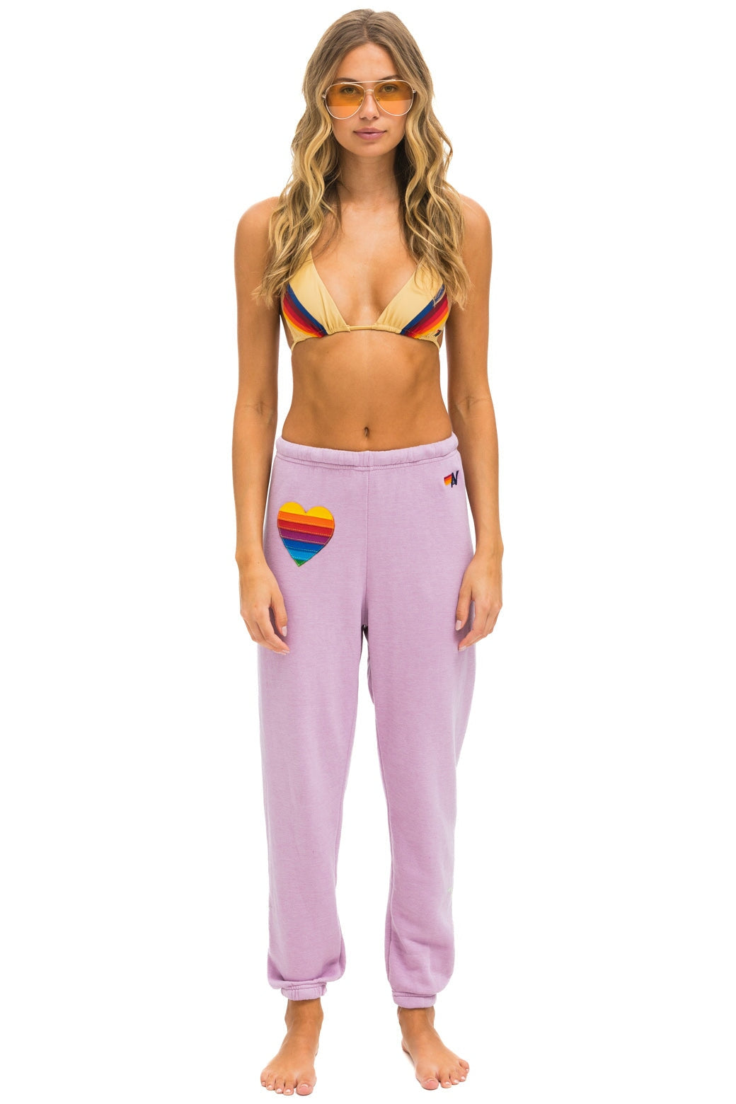 Aviator Nation Rainbow Heart Stitch Sweatpants Mauve