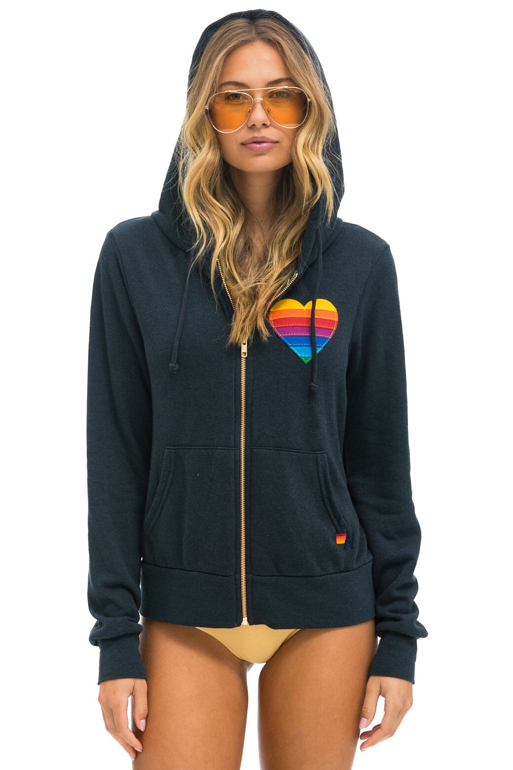 Aviator Nation Rainbow Heart Stitch Zip Hoodie Charcoal