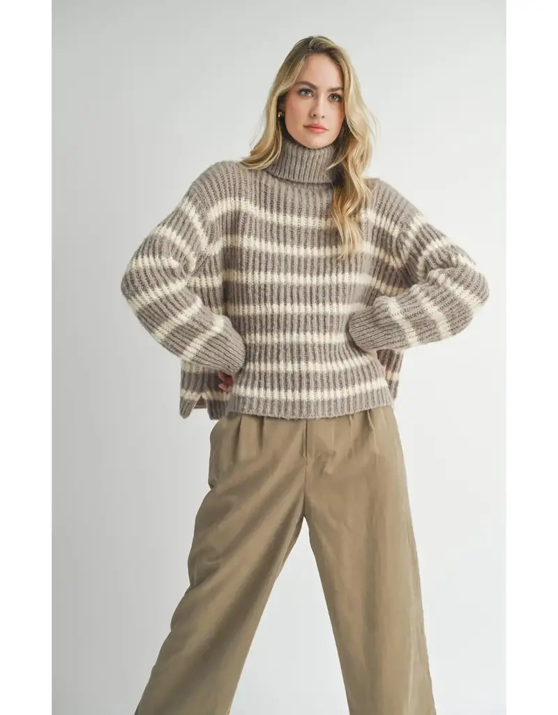 Sadie & Sage Aki Turtleneck Striped Sweater Moss Ivory