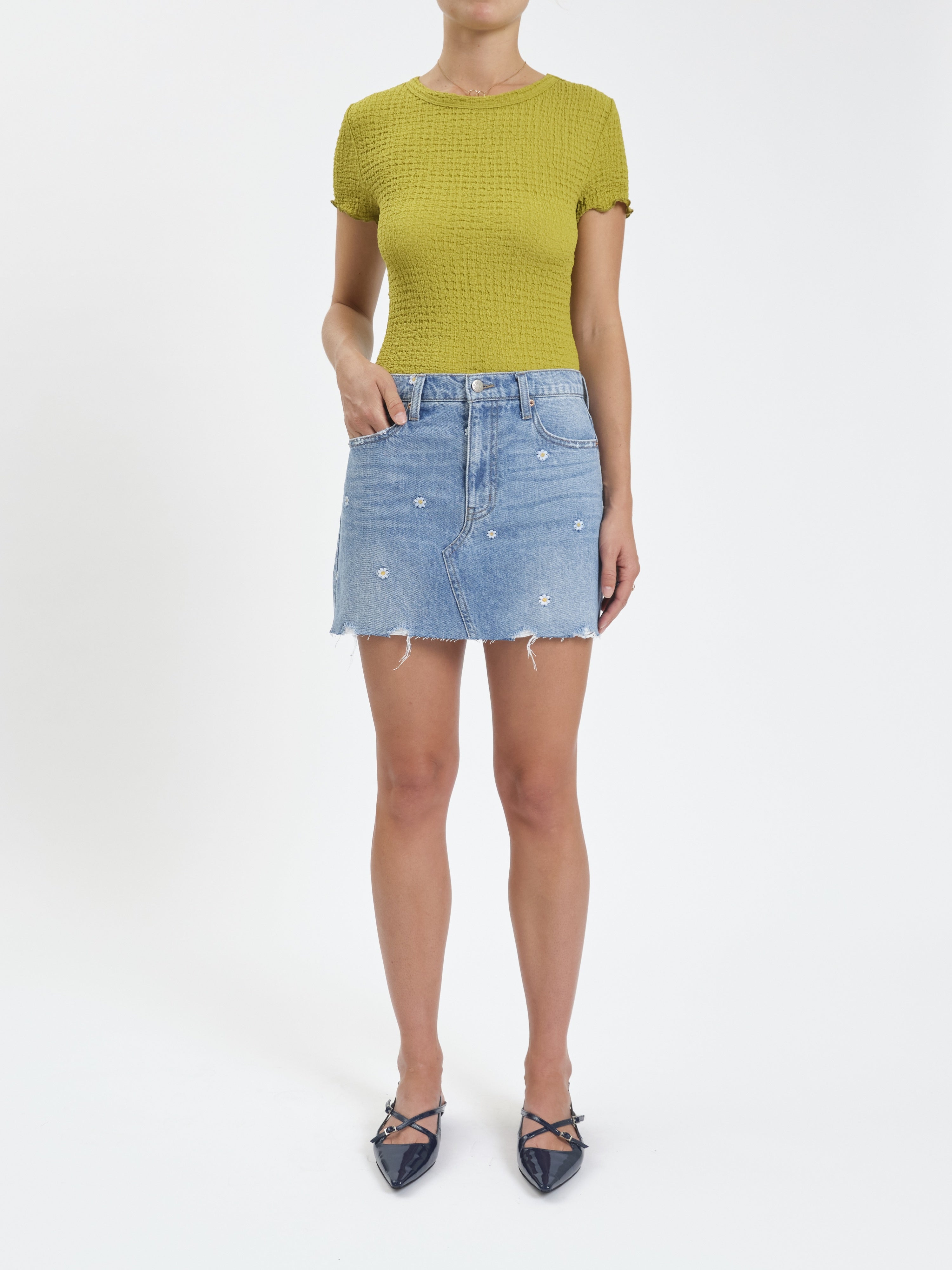 Daze Denim Malibu Mid Waist Studded Mini Skirt in Daze-y - Daze-y