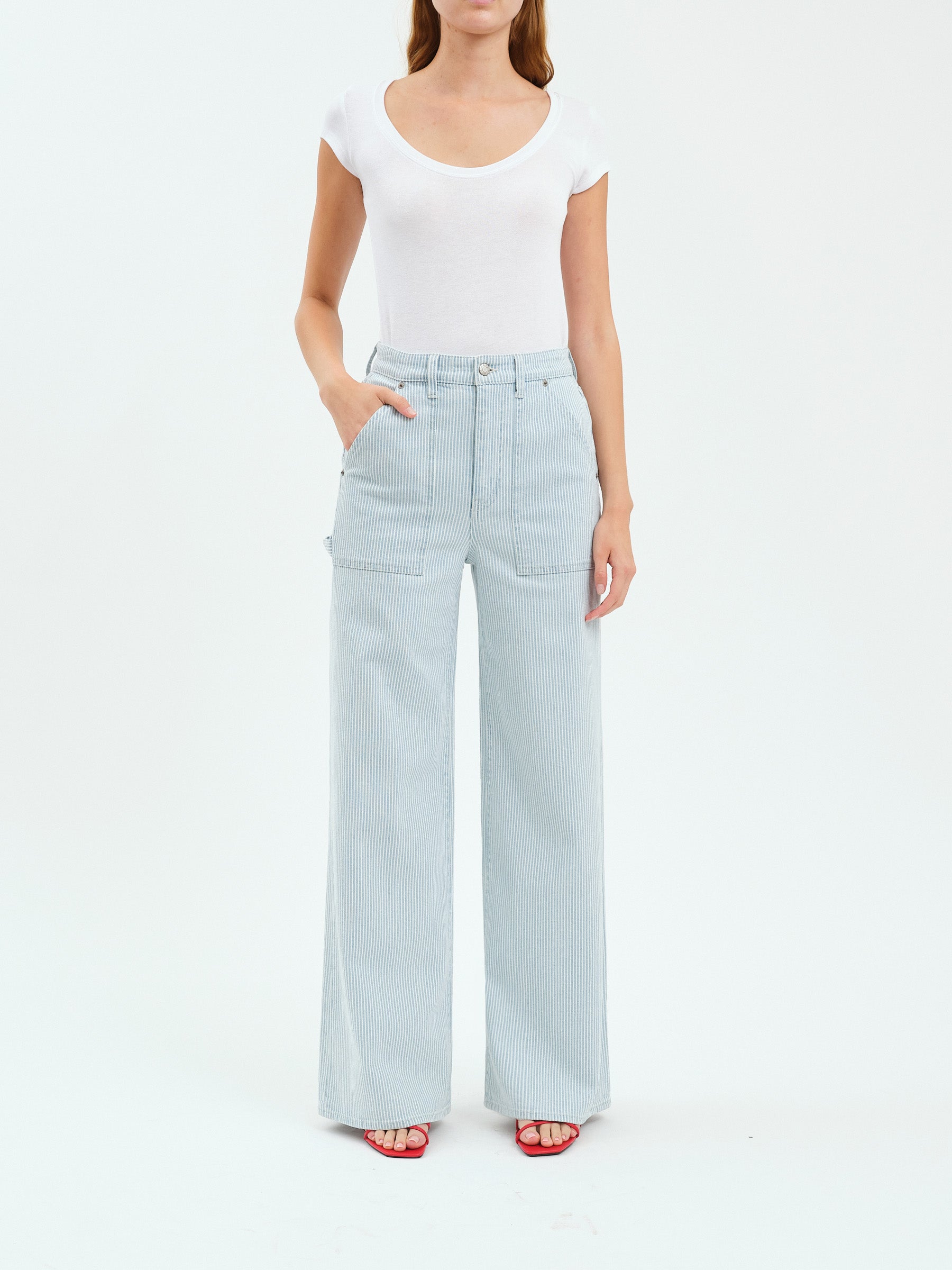 Daze Denim Far Out Utility High Rise Wide Leg in Blue Bell Stripe