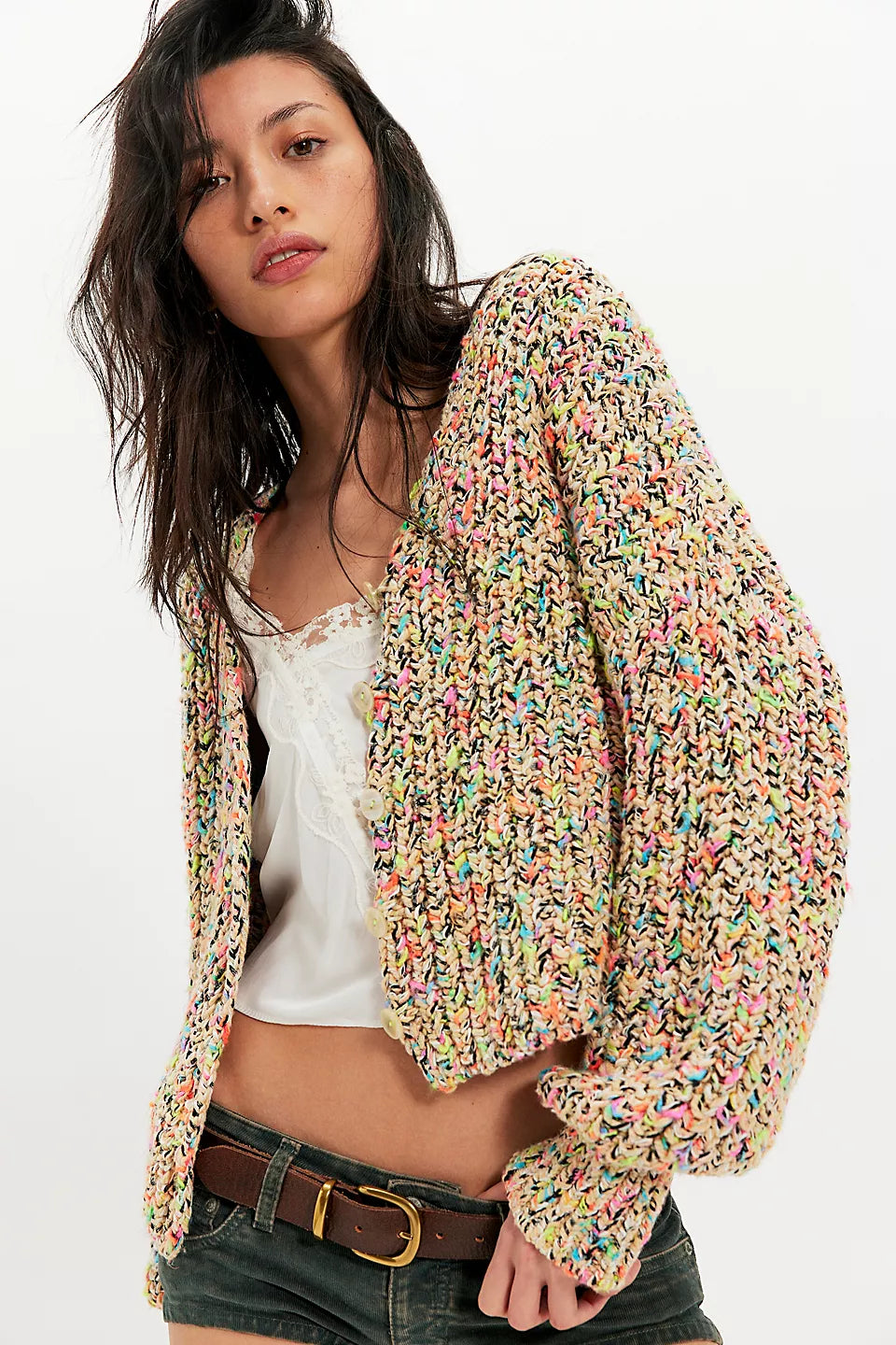 Free People Flea Market Cardigan Neon Sand
