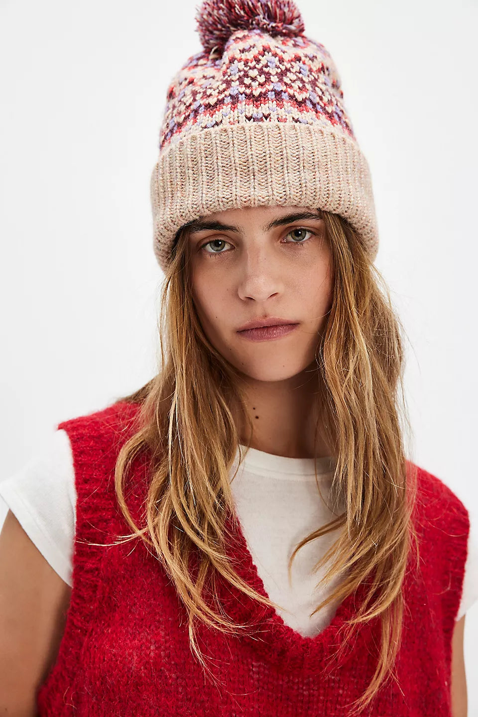 Free People First Frost Fairisle Pom Beanie Ivory