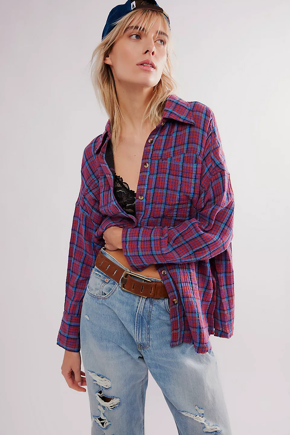 Free People Cardiff Plaid Purple Combo